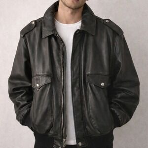 Vintage Schott NYC USA Made Black Aviator Leather Flight Bomber Jacket Mens 46